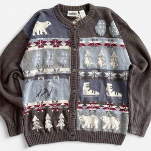 Vintage Northern Reflections Gray Knit Winter Polar Bear Cottage Cardigan XL